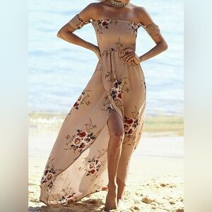 Beige Floral High-Low Maxi Dress - Charming Summer Style